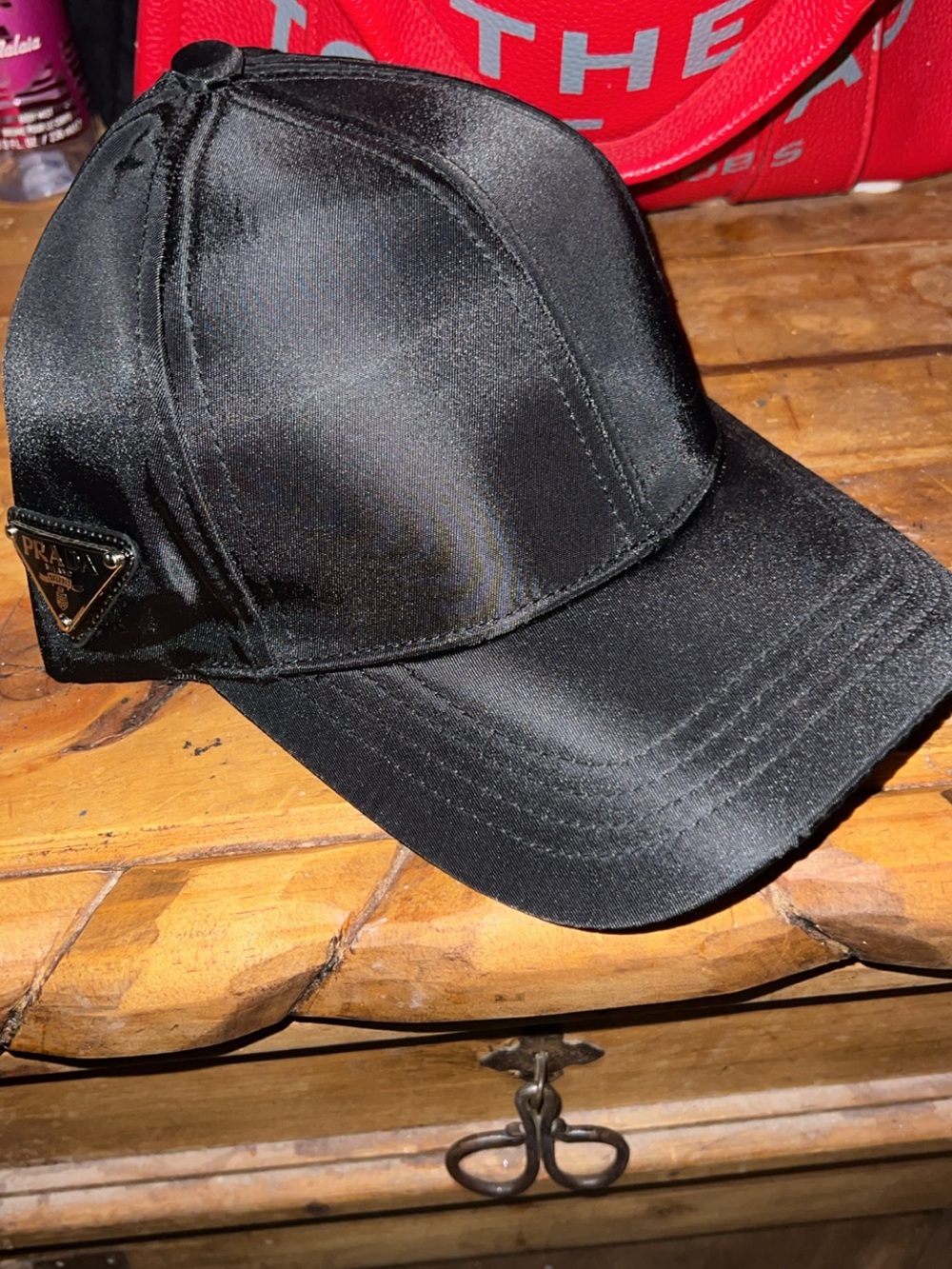 Pada Satin Baseball Cap in Black with Logo Triangle